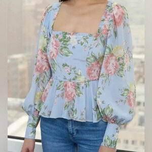 YUMI KIM Beatrice Floral Long Sleeve Top Hearts Delight Blue Size Medium